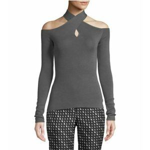 Theory Mock Neck Pale Gray Moss Crossover Sweater